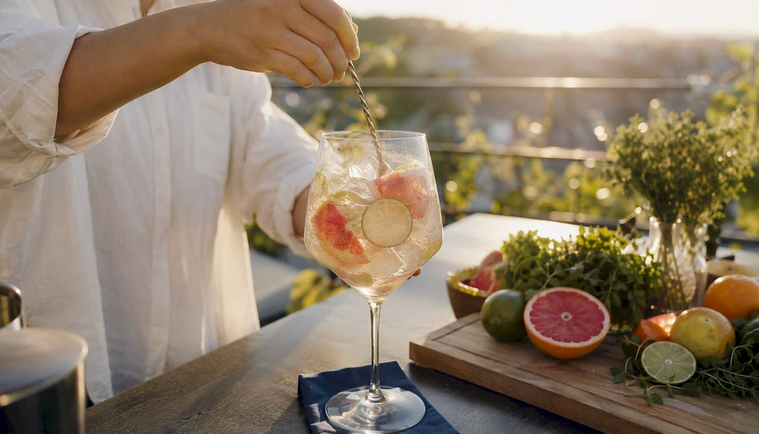 Hands stirring tequila spritz cocktail with fresh citrus