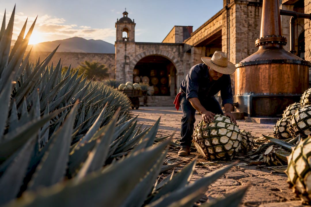 Blue agave beside a traditional tequila distillery