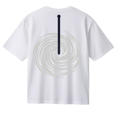 White cotton tee showing the Whiteout Tequila spiral graphic in soft gray on the back
