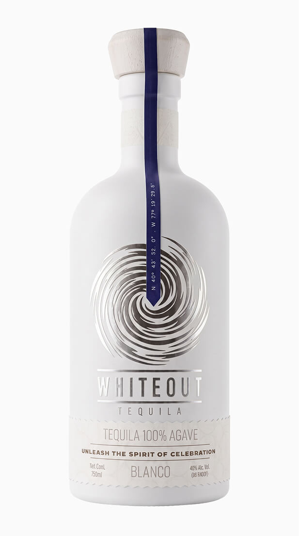 Whiteout Tequila Blanco 750 mL bottle on a white background, showcasing premium 100% agave blanco tequila packaging.