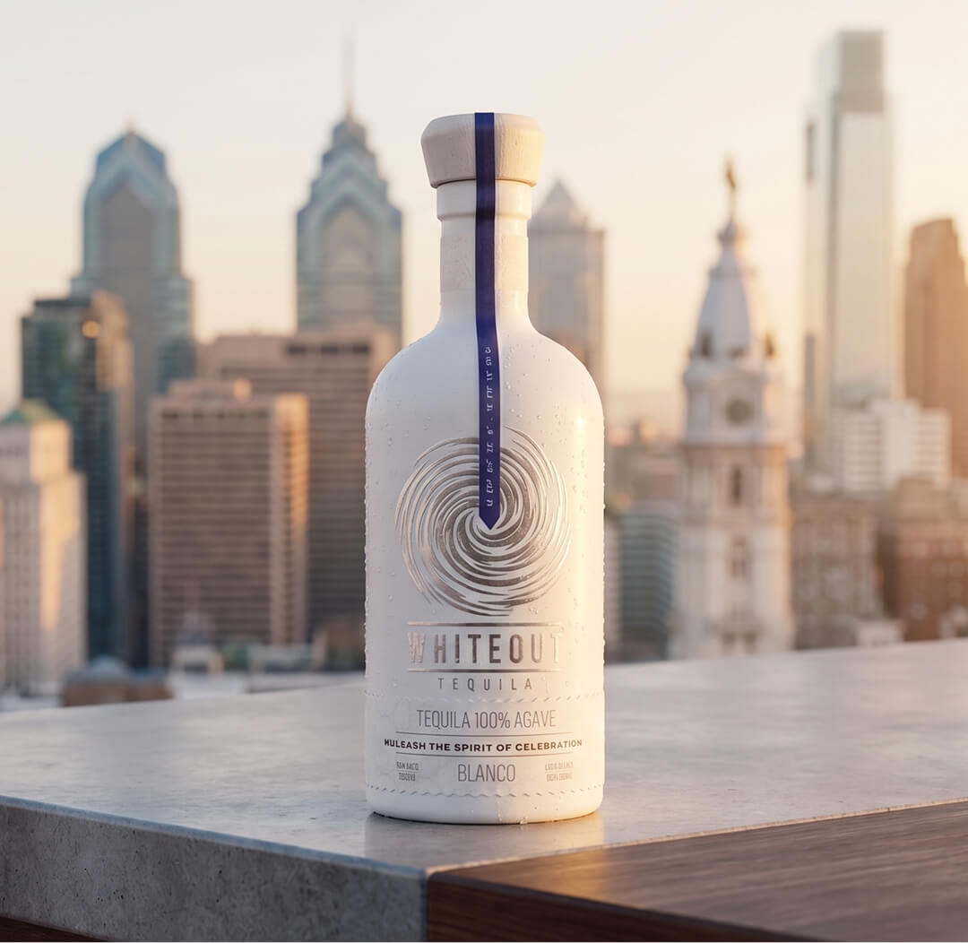 Whiteout Tequila Blanco bottle styled with a city skyline of Pennsylvania, showcasing premium tequila for elevated urban celebrations.