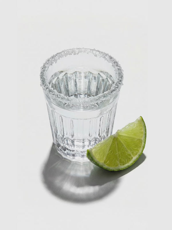 Whiteout tequila blanco shot with lemon wedge